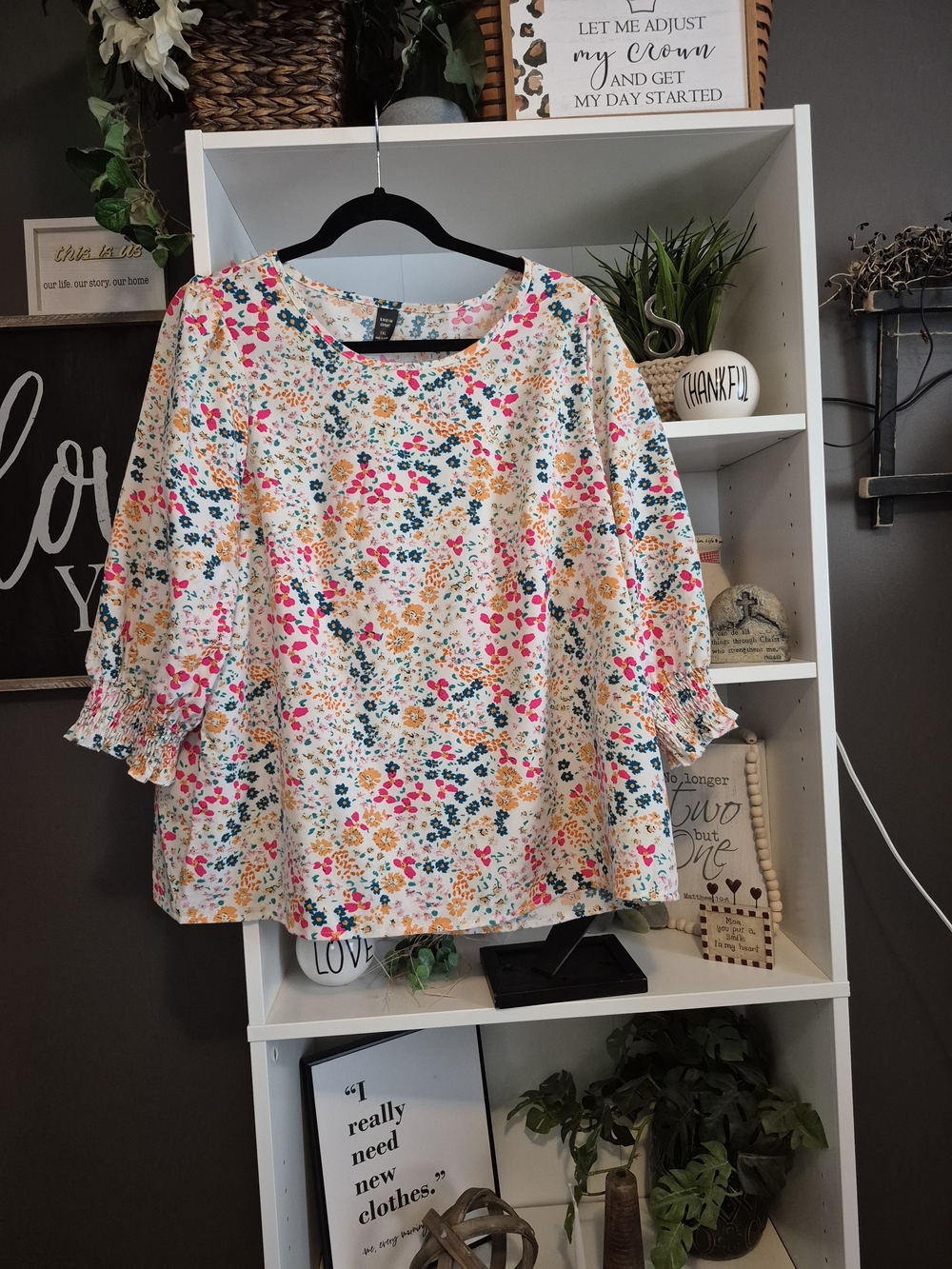 SHEIN White Floral Ruffle-Sleeve Blouse with Pink & Teal Accents